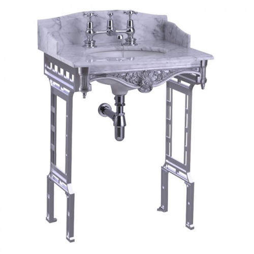 Carrara marble top & basin with brushed aluminium washstand (shown with back and side splash)